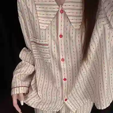 静英鸾 翻领设计透气轻便可外穿条纹家居服睡衣套装 女款