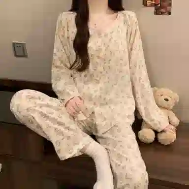 静英鸾 带胸垫长袖长裤圆领满印花朵休闲小清新家居服秋冬季睡衣套装 女款