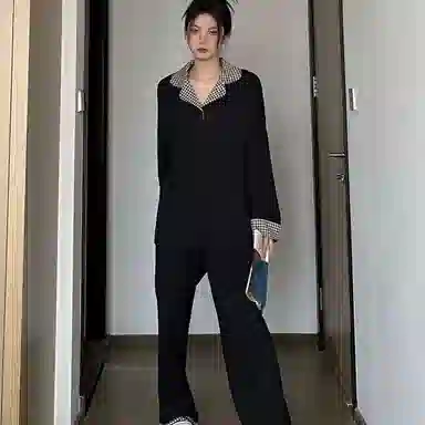静英鸾 格子翻领长袖舒适可外穿高级感家居服睡衣套装 女款