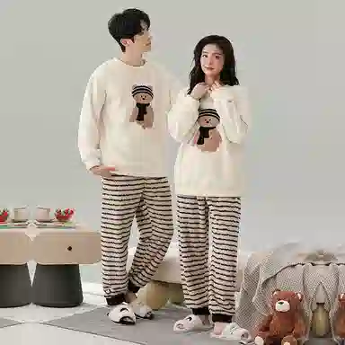 静英鸾 半边绒保暖加厚卡通小熊可爱圆领长袖长裤休闲家居服睡衣套装 男女同款