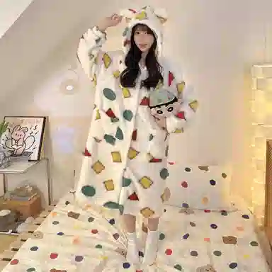 静英鸾 珊瑚绒保暖加绒加厚图形简约纯色连帽开衫睡袍长裤休闲家居服睡衣套装 女款