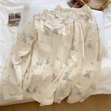 静英鸾 翻领卡通小熊蝴蝶结满印甜美风休闲舒适家居服睡衣套装 女款