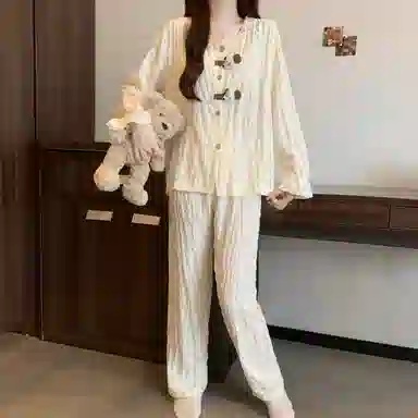 静英鸾 家居女舒适简约休闲风圆领花边设计长袖长裤服睡衣礼盒 女款
