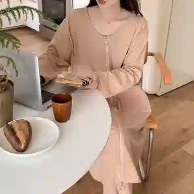 静英鸾 德绒长袖长裙圆领拉链纯色简约舒适家居服秋冬季保暖套装 女款