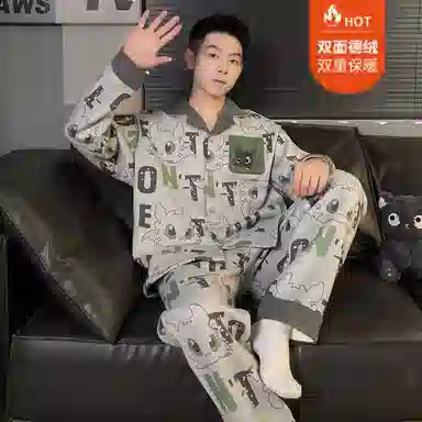 静英鸾 休闲时尚可爱字母卡通亲肤保暖舒适可外穿家居服睡衣套装 男款