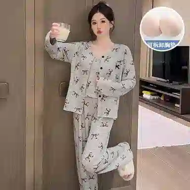 静英鸾 棉质羊绒长袖吊带长裤开衫纯色简约甜美蝴蝶结家居服秋冬季睡衣套装 女款