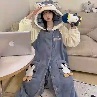 静英鸾 珊瑚绒保暖加绒加厚卡通企鹅可爱连帽休闲睡袍睡衣套装 女款