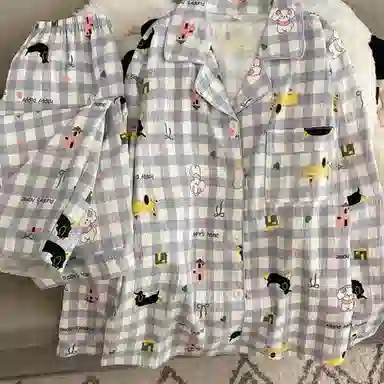 静英鸾 卡通格子满印小狗翻领开衫长袖长裤休闲家居服秋冬季睡衣套装 女款