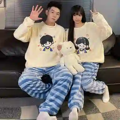 静英鸾 珊瑚绒保暖加绒加厚卡通男孩可爱女孩圆领长袖长裤休闲家居服睡衣套装 男女同款