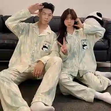 静英鸾 翻领纯色卡通熊猫简约风德绒加厚保暖家居服睡衣套装 男女同款