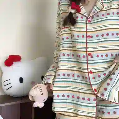 静英鸾 轻便舒适翻领设计长袖条纹可外穿家居服睡衣套装 女款