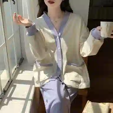 静英鸾 德绒长袖长裤和尚领开衫纯色简约甜美两件套家居服秋冬季保暖套装 女款