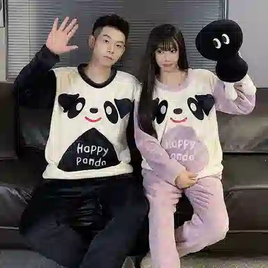 静英鸾 珊瑚绒加厚加绒保暖圆领卡通熊猫长袖长裤休闲家居服秋冬季睡衣套装 男女同款