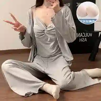 静英鸾 仿棉长袖吊带长裤圆领开衫纯色休闲家居服秋冬季睡衣套装 女款