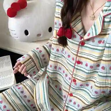 静英鸾 轻便舒适翻领设计长袖条纹可外穿家居服睡衣套装 女款