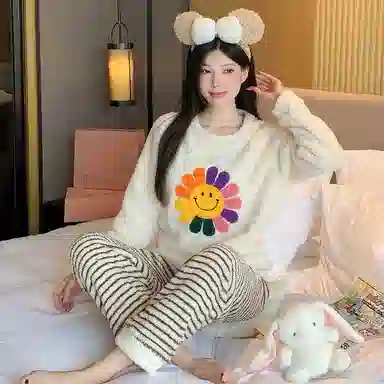 静英鸾 珊瑚绒加绒加厚保暖圆领简约大花长袖长裤休闲家居服秋冬季睡衣套装 女款