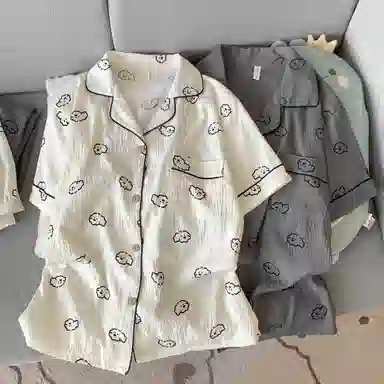 静英鸾 情侣舒适简约休闲短袖三件套可外穿家居服睡衣套装 男女同款