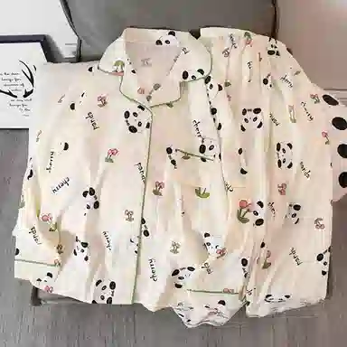 静英鸾 卡通满印熊猫翻领开衫长袖长裤休闲家居服秋冬季睡衣套装 女款