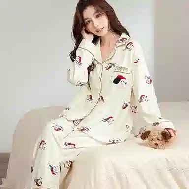 静英鸾 德绒保暖加厚卡通腊肠狗甜美翻领开衫长袖长裤休闲家居服睡衣套装 女款