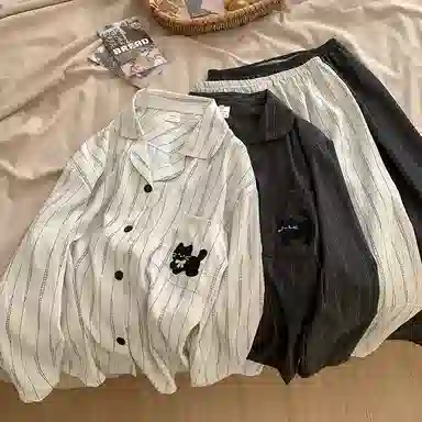 静英鸾 翻领条纹可爱小猫休闲舒适家居服睡衣套装 男女同款