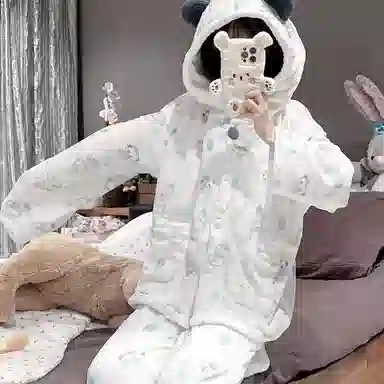 静英鸾 珊瑚绒保暖加绒加厚卡通熊猫可爱连帽休闲家居服睡衣套装 女款