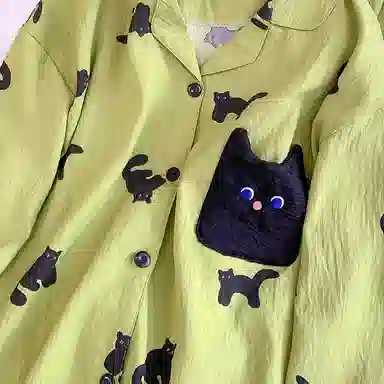 静英鸾 翻领卡通小猫慵懒甜美风休闲时尚家居服睡衣套装 女款