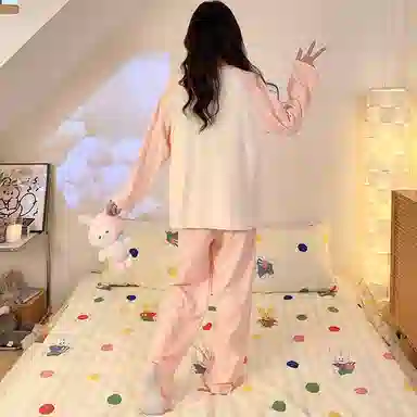 静英鸾 德绒带胸垫长袖长裤圆领套头纯色甜美笑脸家居服秋冬季保暖套装 女款