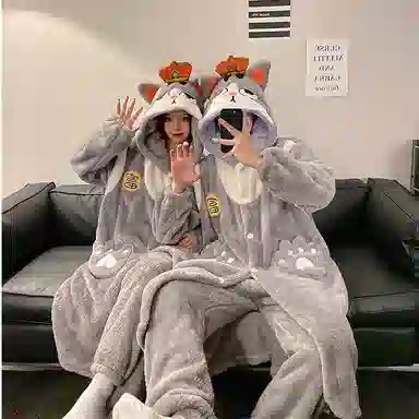 静英鸾 珊瑚绒保暖加绒加厚卡通可爱小猫连帽开衫睡袍长裤休闲家居服睡衣套装 男女同款