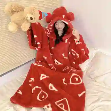 静英鸾 珊瑚绒保暖加绒加厚满印图形纯色简约连帽长袖休闲家居服睡袍 女款