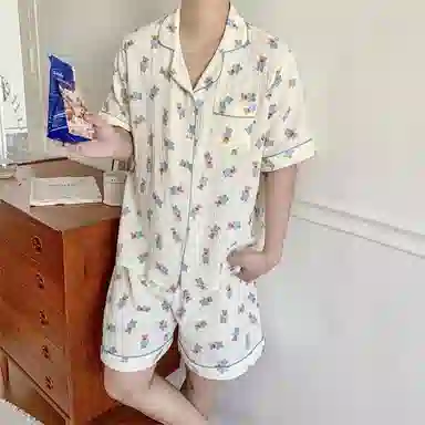 静英鸾 家居情侣可爱小熊图案短袖短裤简约设计服睡衣礼盒 男女同款