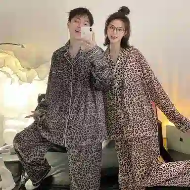 静英鸾 休闲舒适豹纹长袖可外穿翻领开衫家居服睡衣礼盒 男女同款