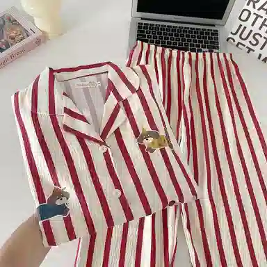 静英鸾 条纹舒适简约长袖翻领设计家居服睡衣套装 女款