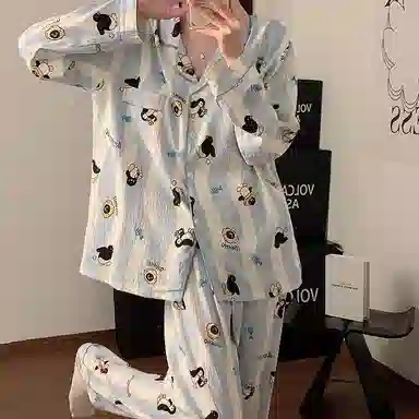 静英鸾 宽松休闲简约条纹卡通企鹅图案长袖长裤开衫家居服睡衣套装 女款