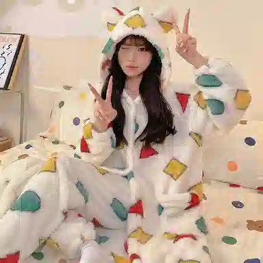 静英鸾 珊瑚绒保暖加绒加厚图形简约纯色连帽开衫睡袍长裤休闲家居服睡衣套装 女款