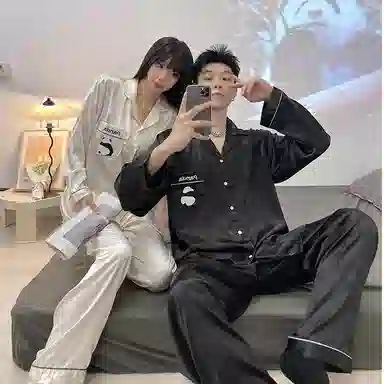静英鸾 情侣休闲简约设计长袖长裤翻领卡通熊猫图案家居服睡衣套装 男女同款