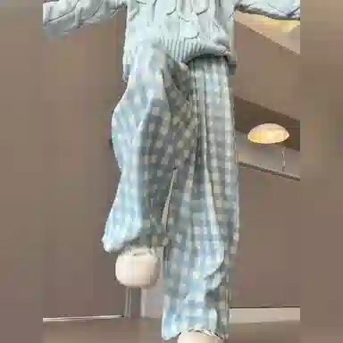 静英鸾 蓝白格子宽松休闲慵懒风家居裤睡裤 女款