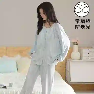 静英鸾 带胸垫翻领休闲甜美可爱时尚简约蓝亲肤舒适家居服睡衣套装 女款