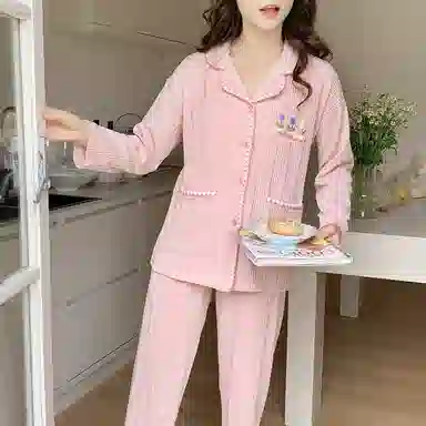 静英鸾 简约甜美可爱卡通条纹小花翻领亲肤舒适可外穿家居服睡衣套装 女款
