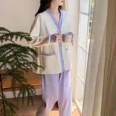 静英鸾 德绒长袖长裤和尚领开衫纯色简约甜美两件套家居服秋冬季保暖套装 女款