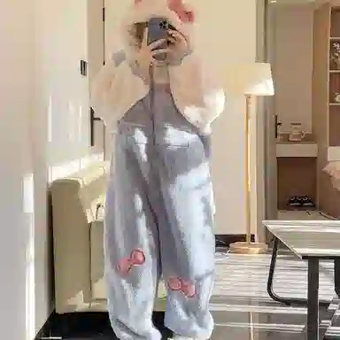静英鸾 珊瑚绒加厚加绒保暖连帽开衫甜美蝴蝶结长袖长裤休闲连体家居服秋冬季睡袍 女款