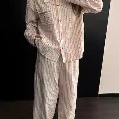 静英鸾 翻领设计透气轻便可外穿条纹家居服睡衣套装 女款