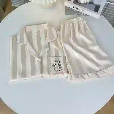 静英鸾 夏季女舒适简约休闲风短袖短裤宽松条纹家居服睡衣套装 女款