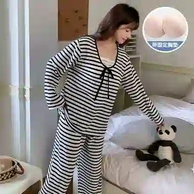 静英鸾 长袖长裤圆领套头简约条纹休闲家居服秋冬季睡衣套装 女款