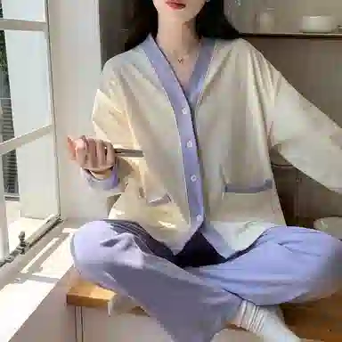 静英鸾 德绒长袖长裤和尚领开衫纯色简约甜美两件套家居服秋冬季保暖套装 女款