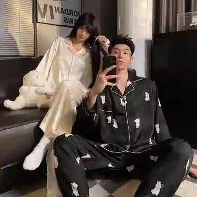 静英鸾 情侣卡通兔子满印舒适休闲风长袖开衫家居服睡衣套装 男女同款