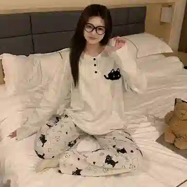 静英鸾 圆领开衫甜美卡通小猫长袖长裤休闲家居服秋冬季睡衣套装 女款