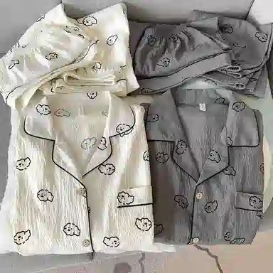 静英鸾 情侣舒适简约休闲短袖三件套可外穿家居服睡衣套装 男女同款