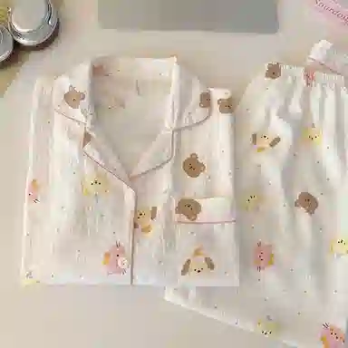 静英鸾 棉质长袖长裤翻领开衫卡通可外穿小熊可家居服秋季睡衣套装 女款