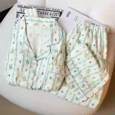 静英鸾 秋季翻领卡通小熊条纹时尚甜美风休闲舒适家居服睡衣套装 女款