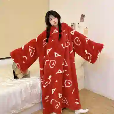 静英鸾 珊瑚绒保暖加绒加厚满印图形纯色简约连帽长袖休闲家居服睡袍 女款